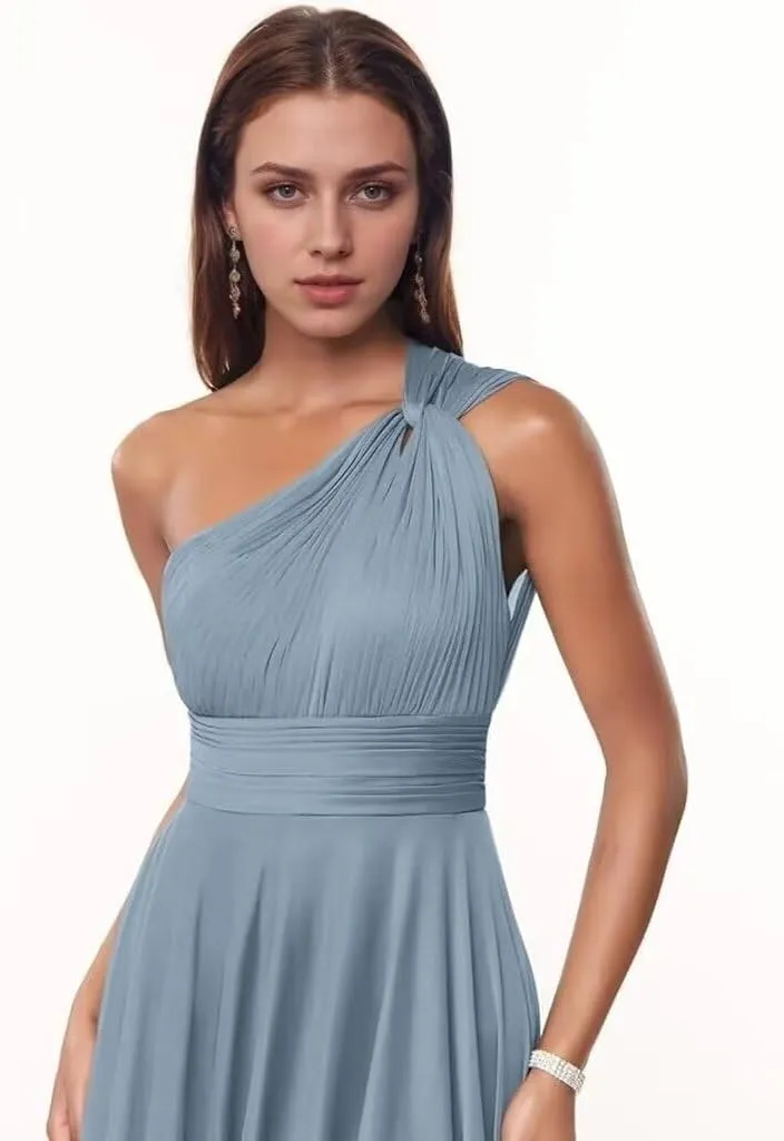 Kyeuan One Shoulder Bridesmaid Dresses with Pockets Chiffon Long Pleated Formal Evening Dresses for Women Elegant