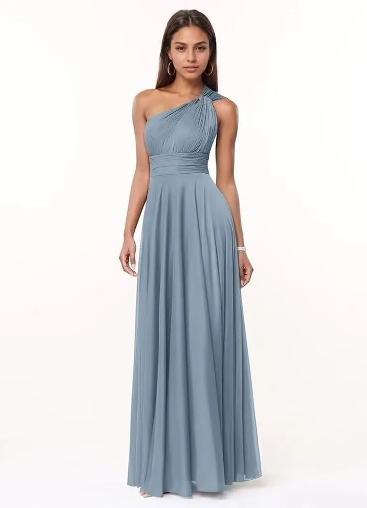 Kyeuan One Shoulder Bridesmaid Dresses with Pockets Chiffon Long Pleated Formal Evening Dresses for Women Elegant