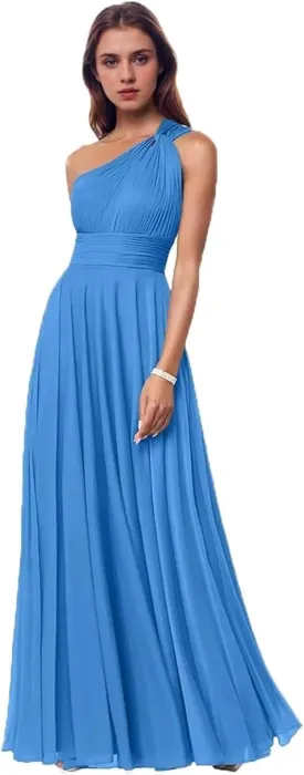 Kyeuan One Shoulder Bridesmaid Dresses with Pockets Chiffon Long Pleated Formal Evening Dresses for Women Elegant
