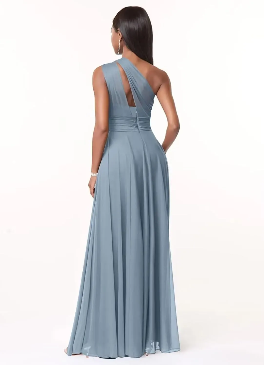 Kyeuan One Shoulder Bridesmaid Dresses with Pockets Chiffon Long Pleated Formal Evening Dresses for Women Elegant