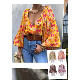 Lantern Sleeve Printing V Neck Floral Print Blouse