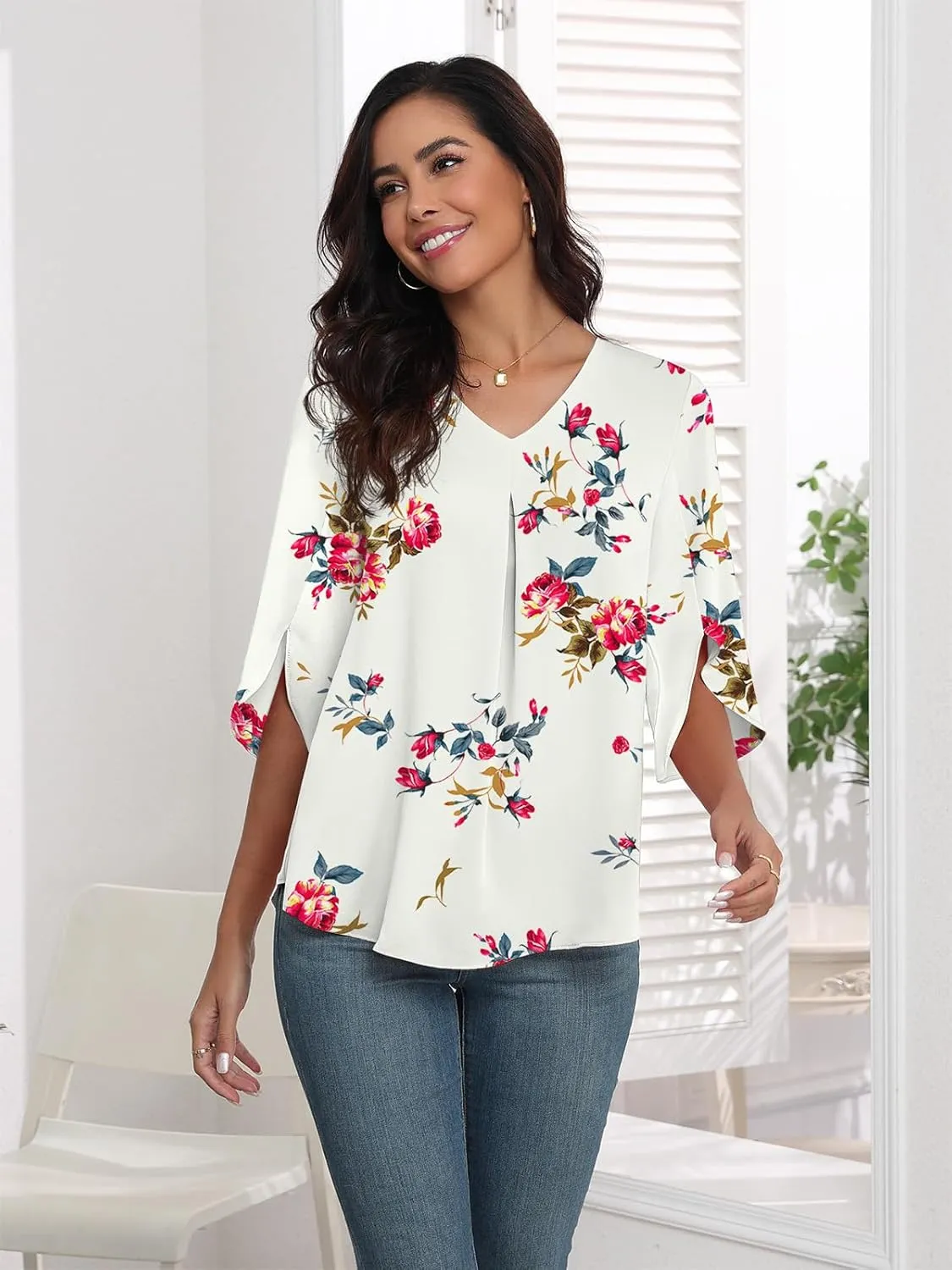 LAOLASI Womens Summer Chiffon Blouses 3/4 Sleeve V Neck Casual Loose Work Tops for Leggings 2025 Flowy Dressy Tshirts