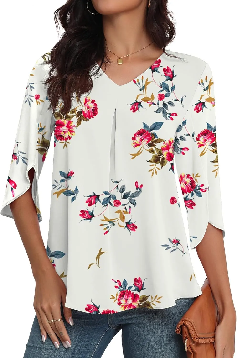 LAOLASI Womens Summer Chiffon Blouses 3/4 Sleeve V Neck Casual Loose Work Tops for Leggings 2025 Flowy Dressy Tshirts