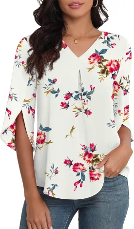 LAOLASI Womens Summer Chiffon Blouses 3/4 Sleeve V Neck Casual Loose Work Tops for Leggings 2025 Flowy Dressy Tshirts