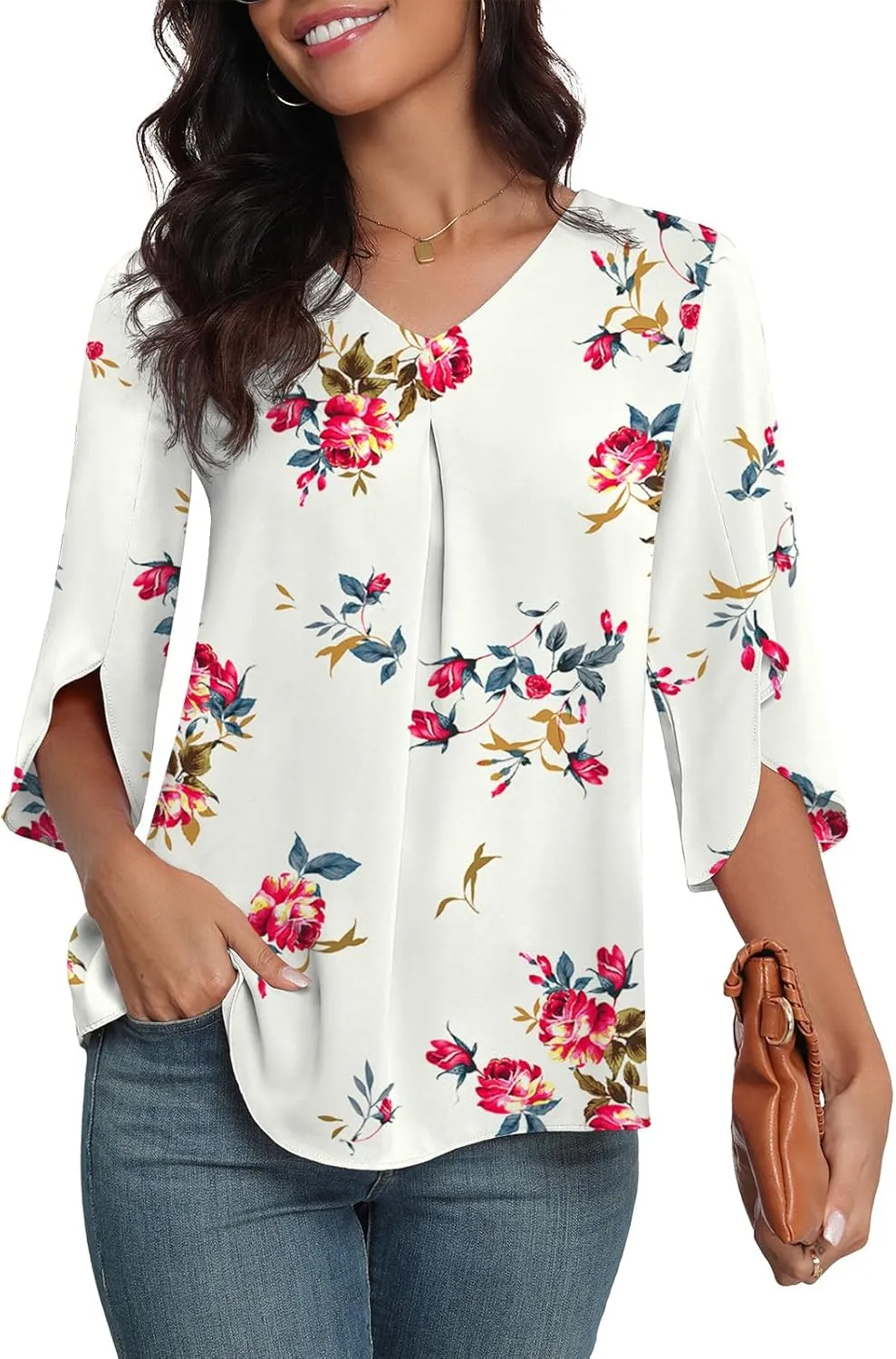 LAOLASI Womens Summer Chiffon Blouses 3/4 Sleeve V Neck Casual Loose Work Tops for Leggings 2025 Flowy Dressy Tshirts