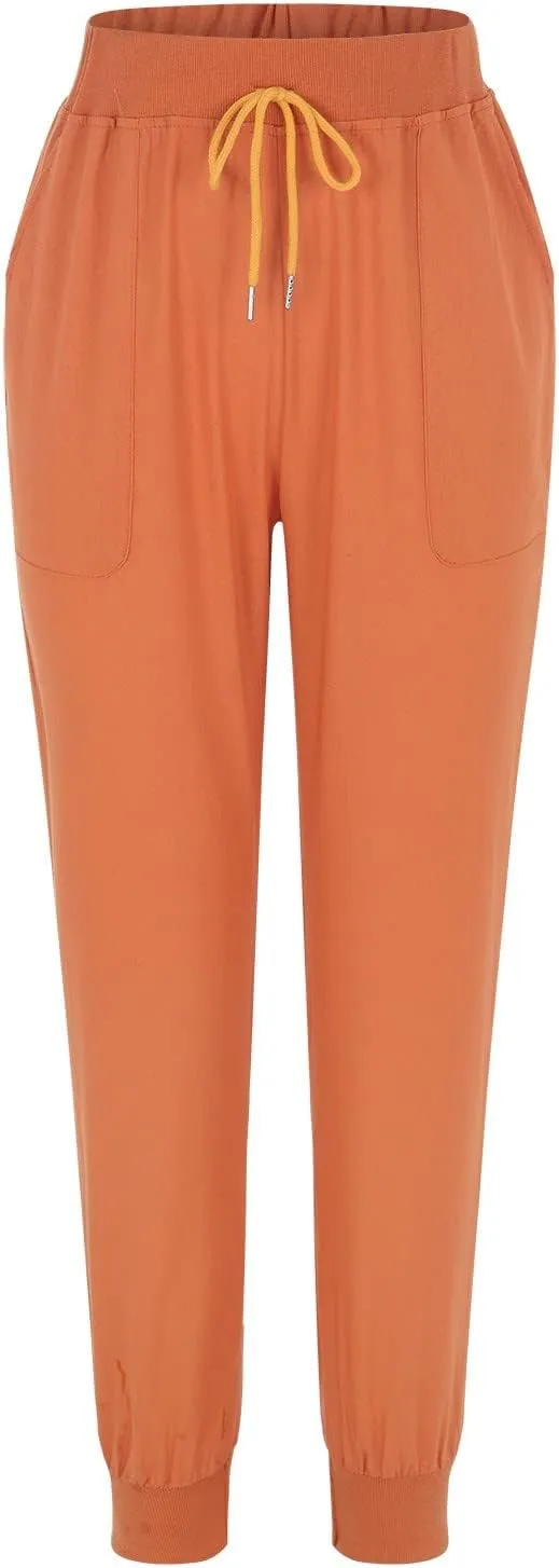 Linen Tapered Pants Women Drawstring Elastic Waist Casual Trousers with Pockets Straight Leg Loose Comfy Sweatpants