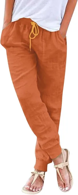Linen Tapered Pants Women Drawstring Elastic Waist Casual Trousers with Pockets Straight Leg Loose Comfy Sweatpants