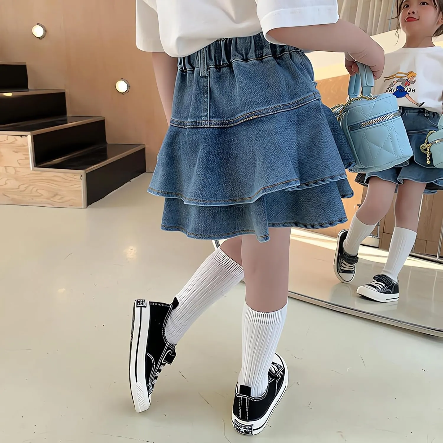 Little Girl's Denim Ruffle Skirts Mini Flared Pleated Toddler Jean Skorts with Shorts Underneath 3-13 Years