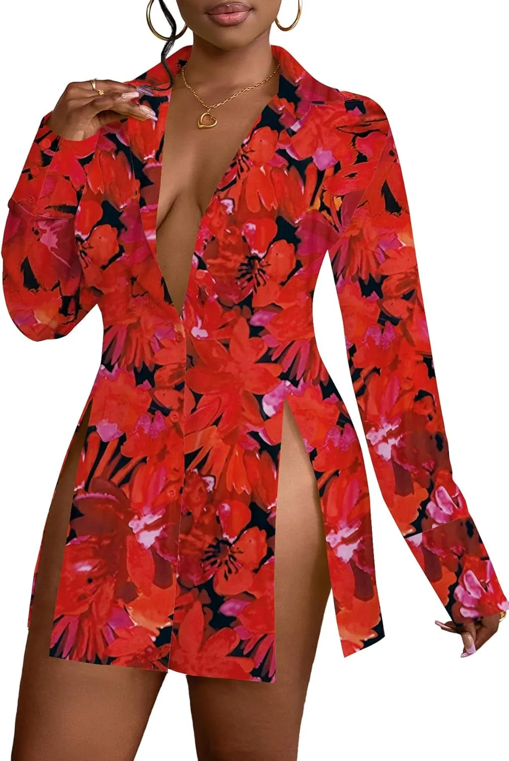 LYANER Women's Button Down Shirt Dress Collar V Neck Long Sleeve Slit Sexy Shirt Dresses