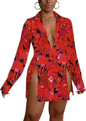 LYANER Women's Button Down Shirt Dress Collar V Neck Long Sleeve Slit Sexy Shirt Dresses