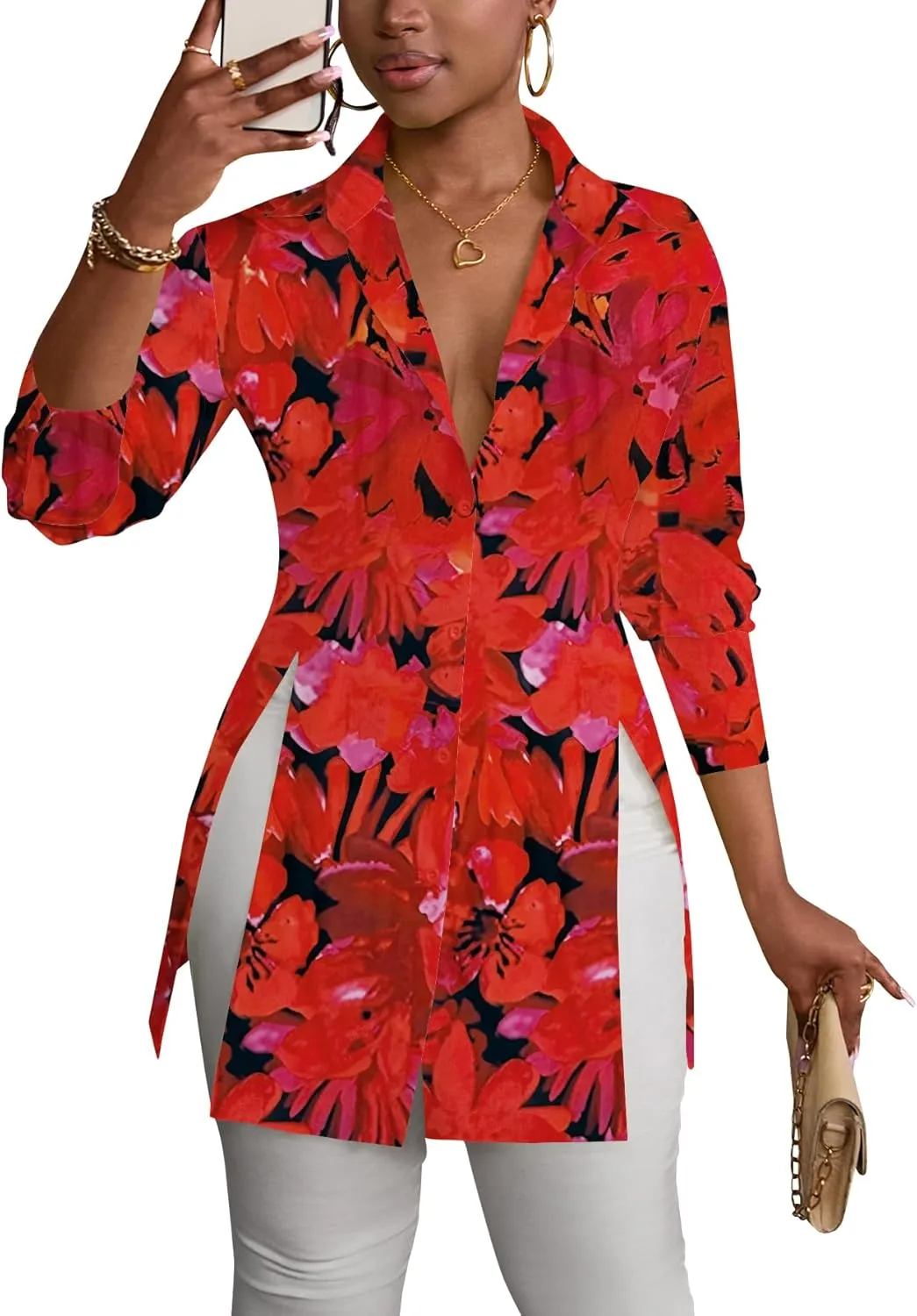 LYANER Women's Button Down Shirt Dress Collar V Neck Long Sleeve Slit Sexy Shirt Dresses