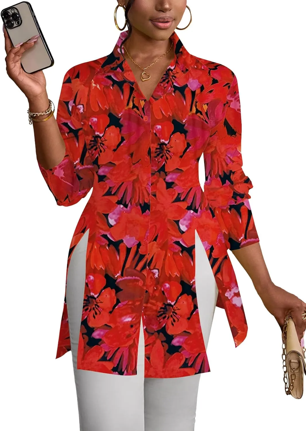 LYANER Women's Button Down Shirt Dress Collar V Neck Long Sleeve Slit Sexy Shirt Dresses