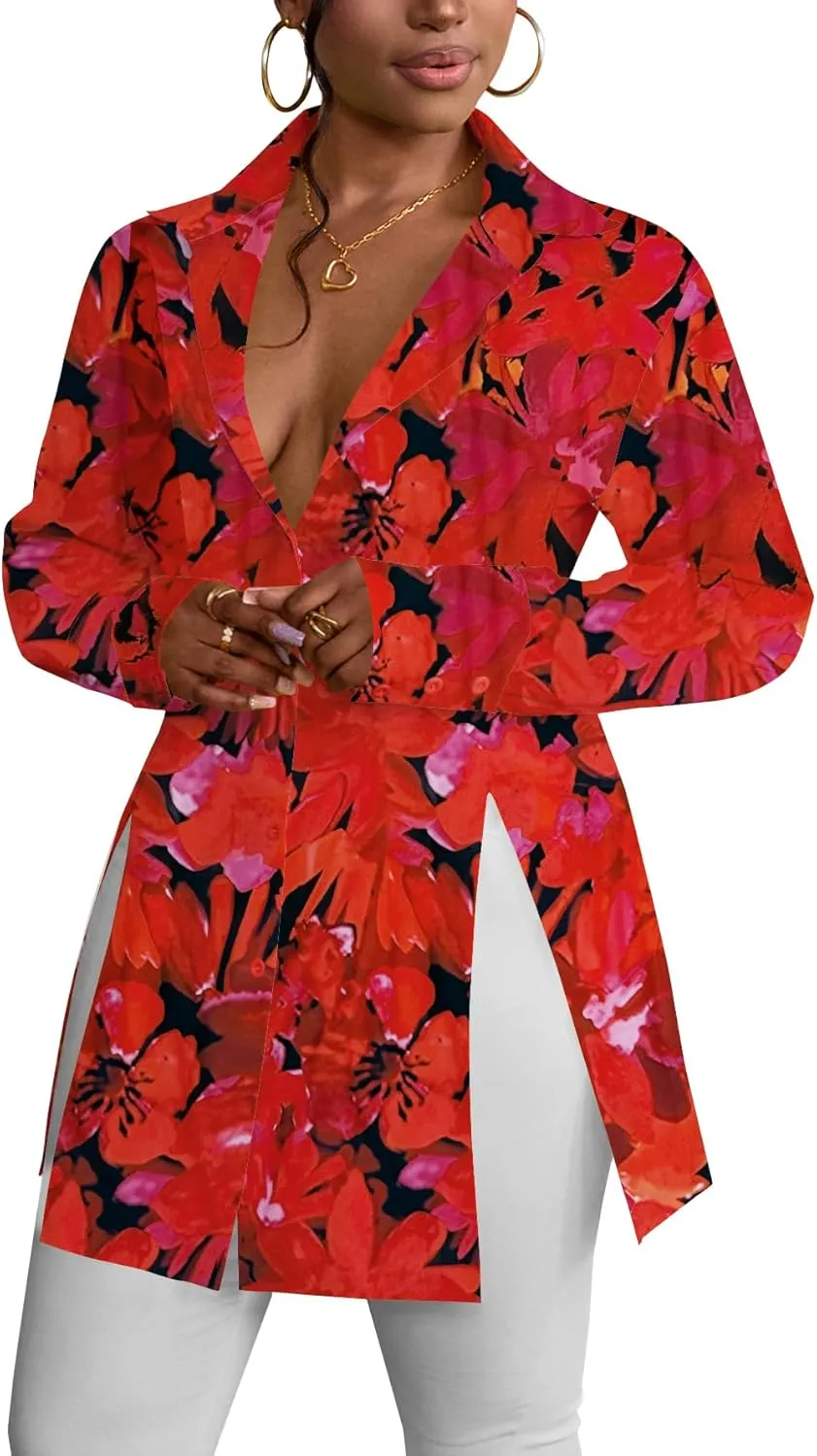 LYANER Women's Button Down Shirt Dress Collar V Neck Long Sleeve Slit Sexy Shirt Dresses