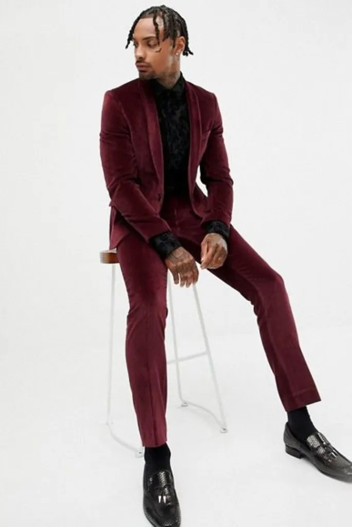 Men Velvet Maroon 2 Piece Suit Winter Suit Wedding Suit Dinner Suit Party Wear Suit Bespoke