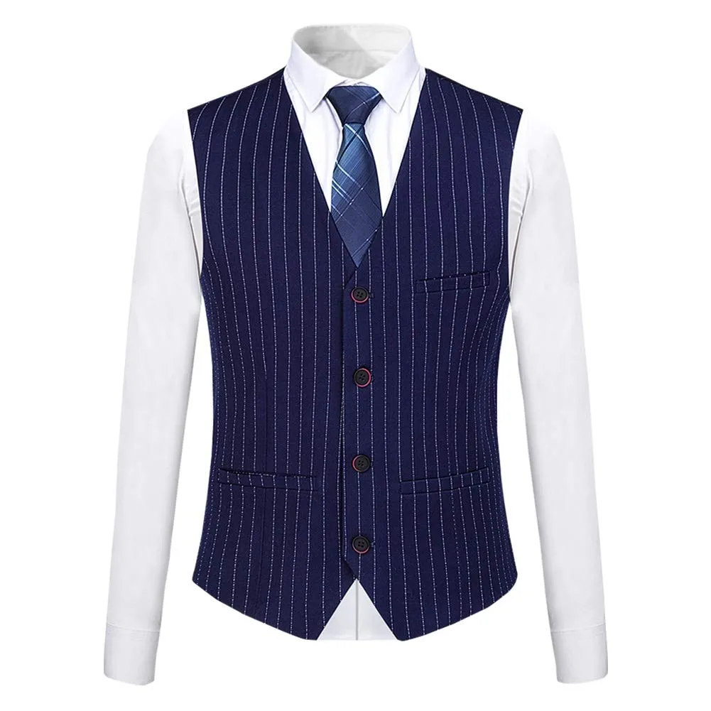 Mens Blue Formal Pinstripe Slim Fit Notched Lapel 3 Piece Suit