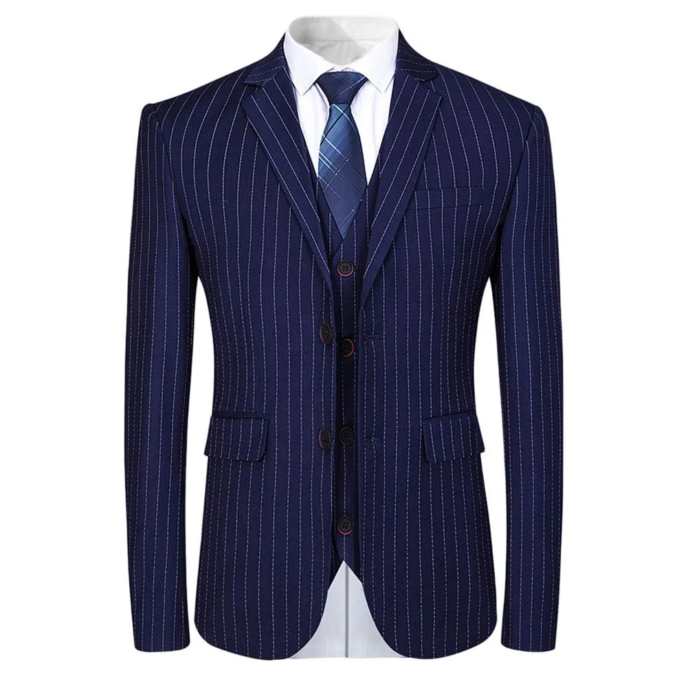 Mens Blue Formal Pinstripe Slim Fit Notched Lapel 3 Piece Suit