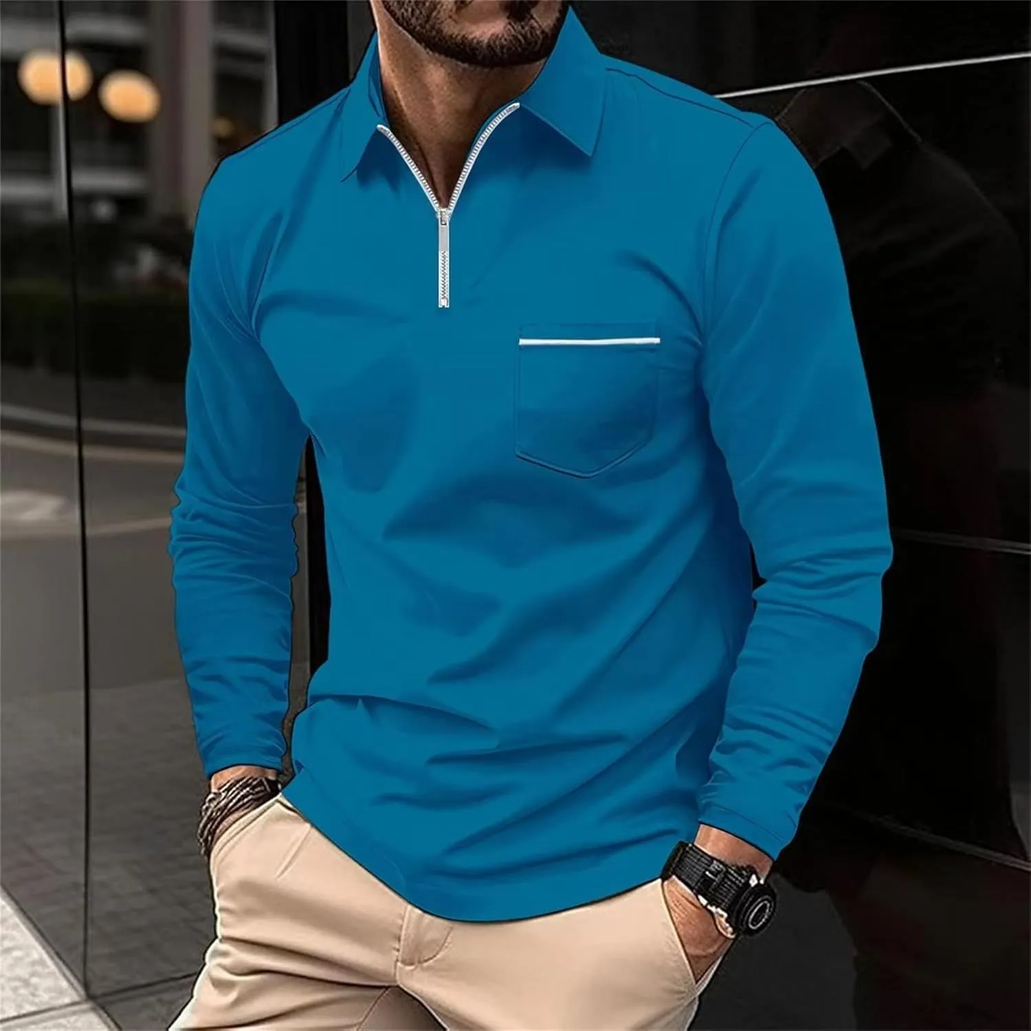 Mens Long Sleeve Polo Shirts Zipper Collar Casual Slim Fit Dressy Shirt Classic Work Golf Shirt Lightweight Tees