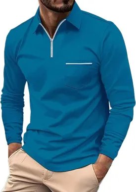 Mens Long Sleeve Polo Shirts Zipper Collar Casual Slim Fit Dressy Shirt Classic Work Golf Shirt Lightweight Tees