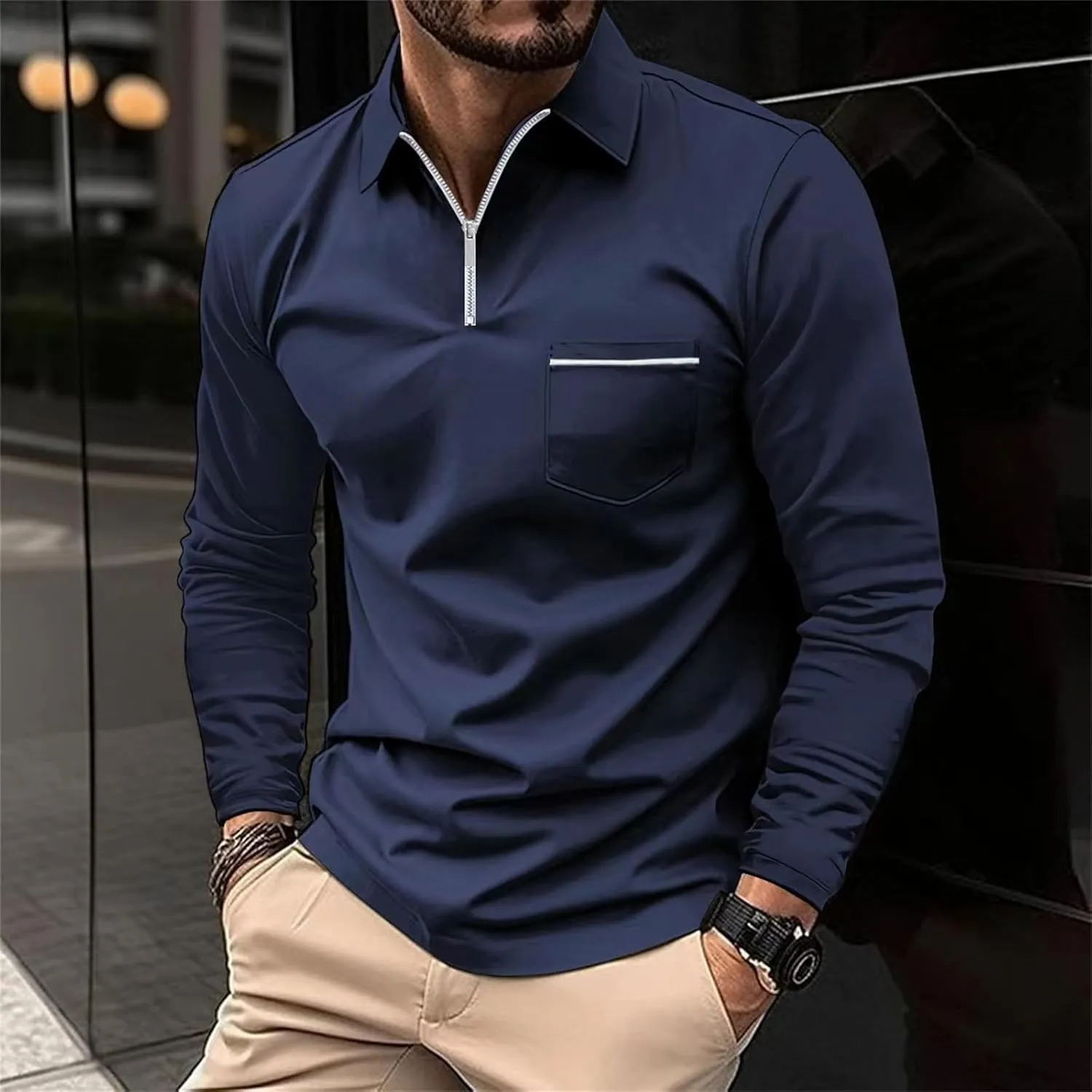 Mens Long Sleeve Polo Shirts Zipper Collar Casual Slim Fit Dressy Shirt Classic Work Golf Shirt Lightweight Tees