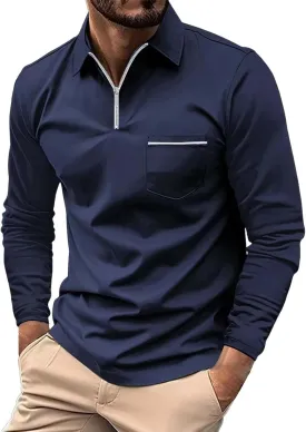 Mens Long Sleeve Polo Shirts Zipper Collar Casual Slim Fit Dressy Shirt Classic Work Golf Shirt Lightweight Tees