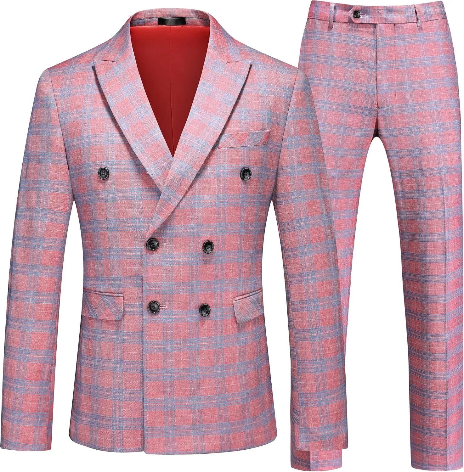 MOGU Men's Plaid Tuxedo Suit - Double Breasted 2-Piece Checkered Set with Suit Jacket and Pants for Prom and Wedding