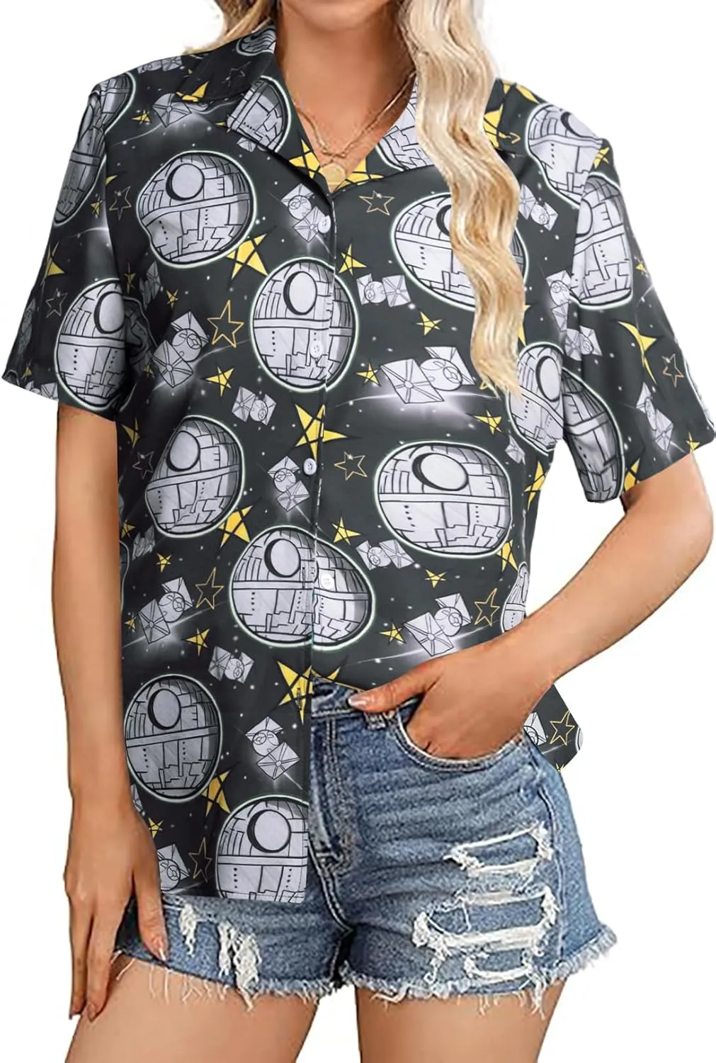 Movie Button Down Shirts Women: Spaceship Hawaii Blouse Oversized Summer Beach Tops Space Battle Movie Lover Gifts Tee