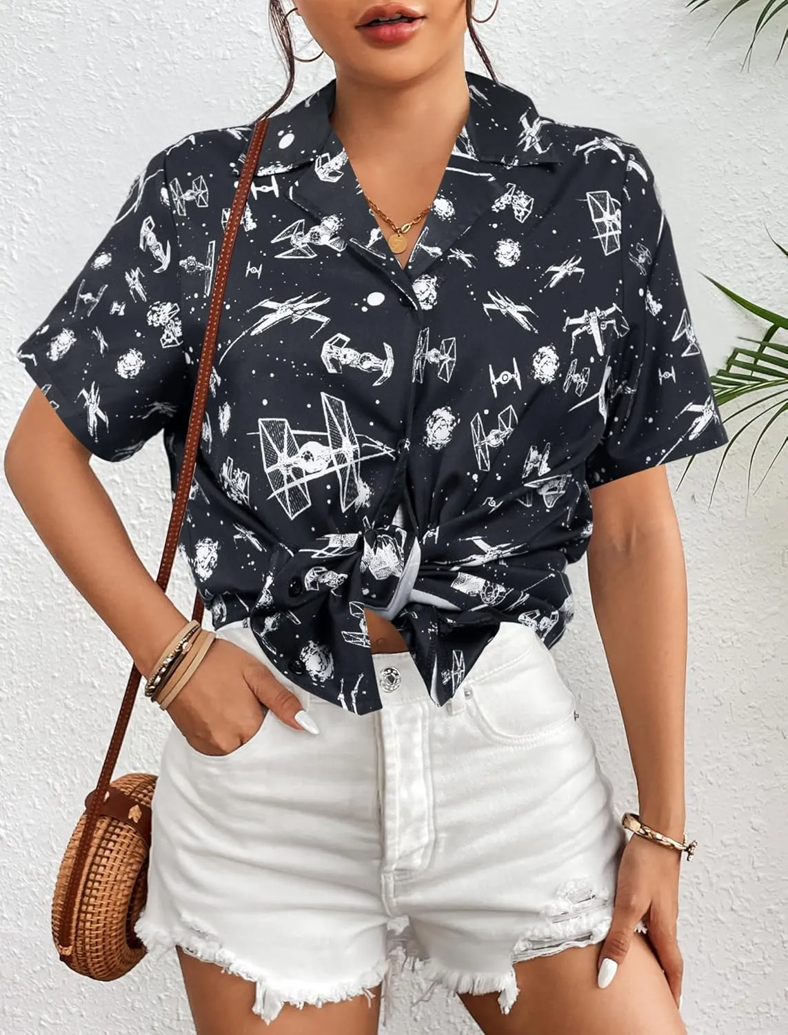 Movie Button Down Shirts Women: Spaceship Hawaii Blouse Oversized Summer Beach Tops Space Battle Movie Lover Gifts Tee