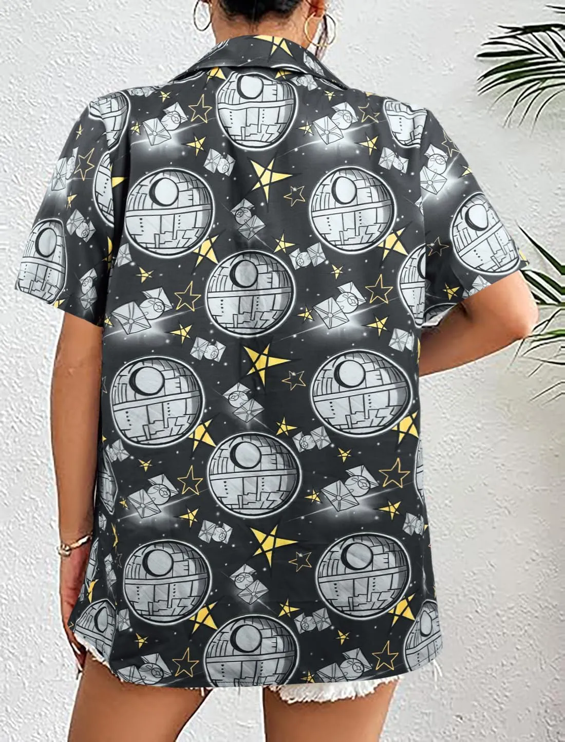Movie Button Down Shirts Women: Spaceship Hawaii Blouse Oversized Summer Beach Tops Space Battle Movie Lover Gifts Tee