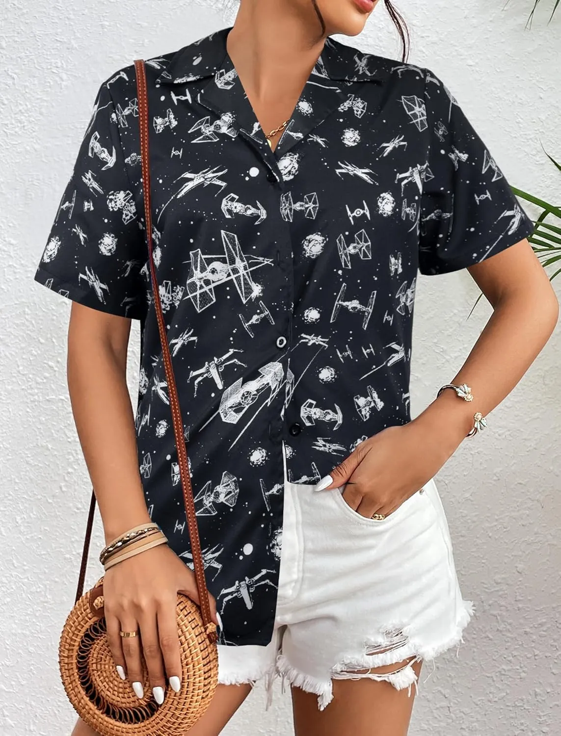 Movie Button Down Shirts Women: Spaceship Hawaii Blouse Oversized Summer Beach Tops Space Battle Movie Lover Gifts Tee