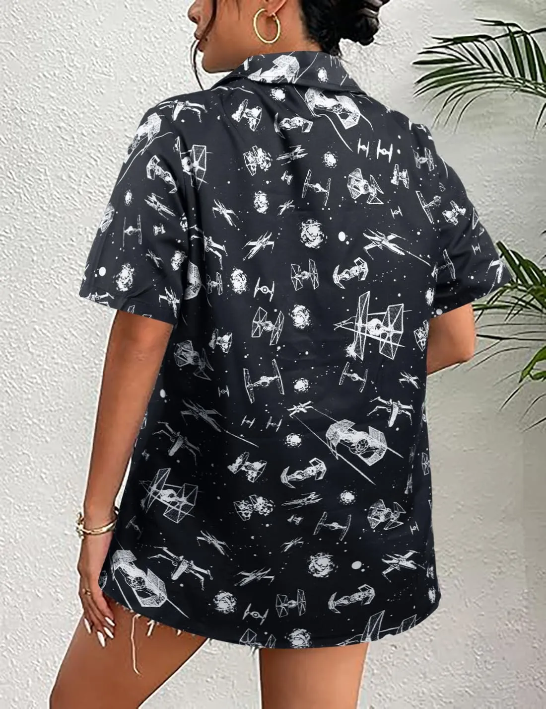Movie Button Down Shirts Women: Spaceship Hawaii Blouse Oversized Summer Beach Tops Space Battle Movie Lover Gifts Tee