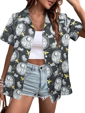 Movie Button Down Shirts Women: Spaceship Hawaii Blouse Oversized Summer Beach Tops Space Battle Movie Lover Gifts Tee