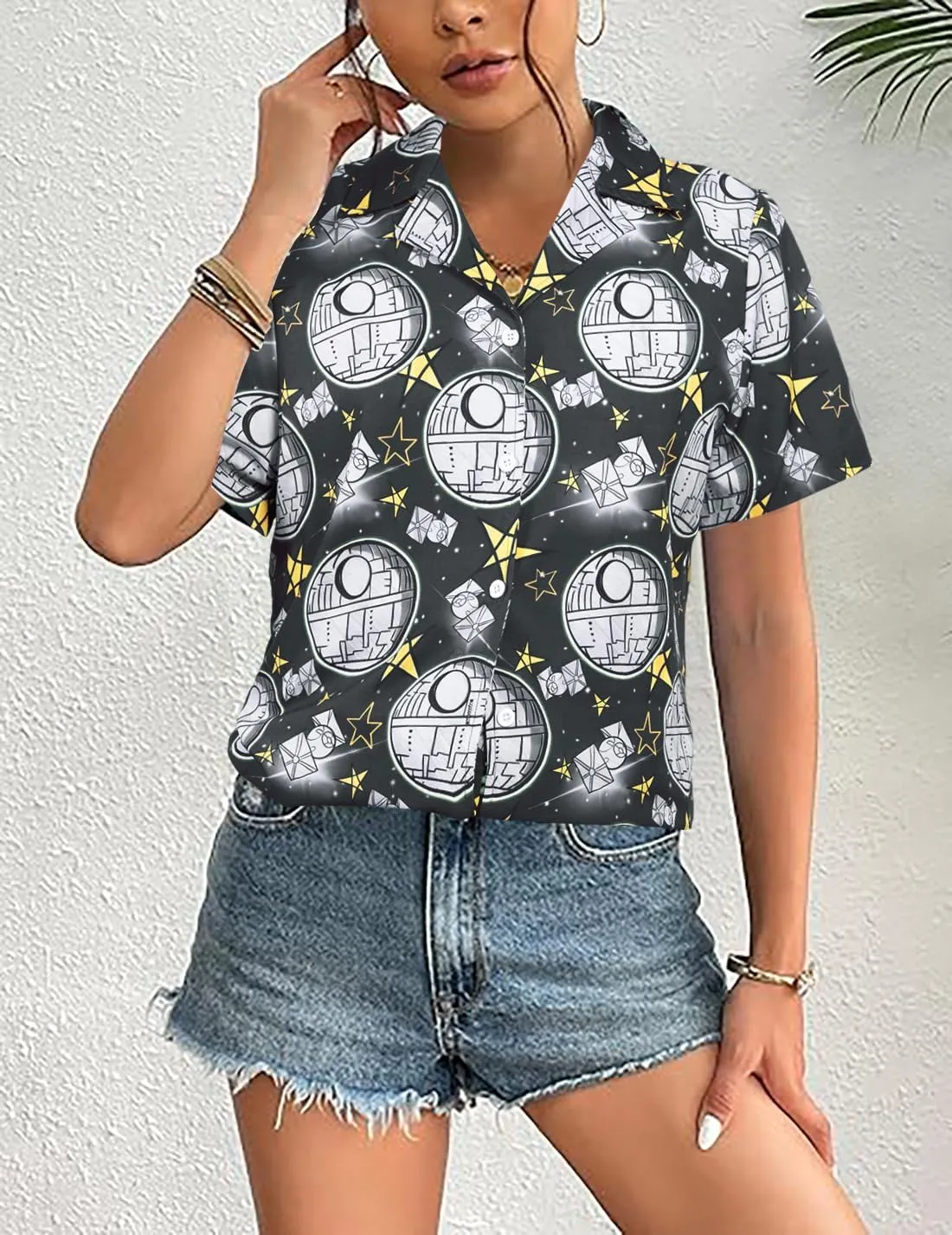 Movie Button Down Shirts Women: Spaceship Hawaii Blouse Oversized Summer Beach Tops Space Battle Movie Lover Gifts Tee