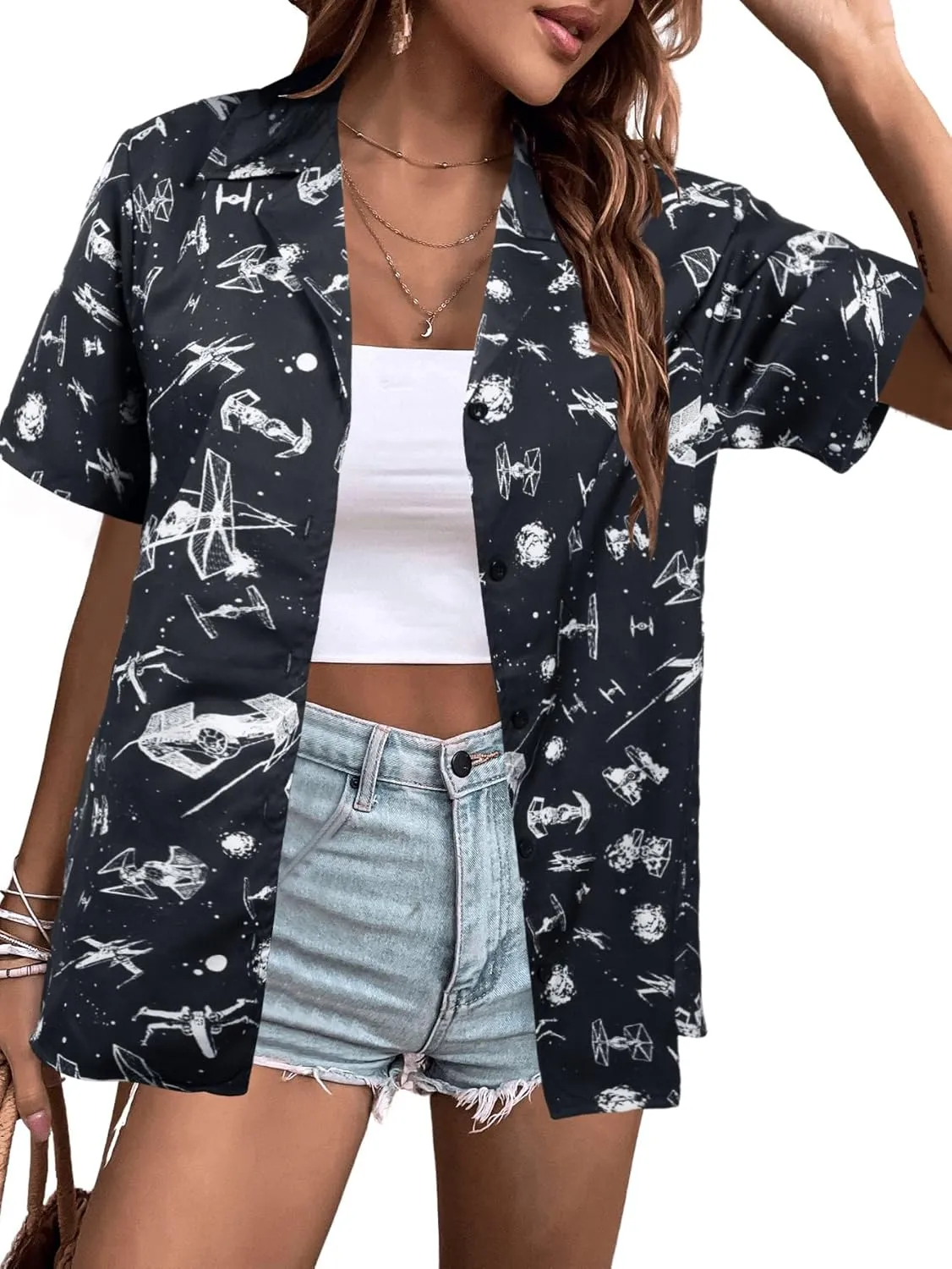 Movie Button Down Shirts Women: Spaceship Hawaii Blouse Oversized Summer Beach Tops Space Battle Movie Lover Gifts Tee