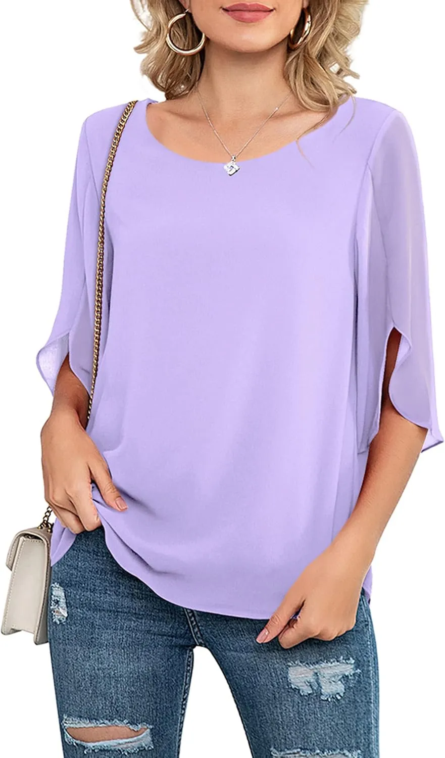 Neineiwu Womens Casual Scoop Neck Loose Top 3/4 Sleeve Chiffon Blouse Shirt Tops