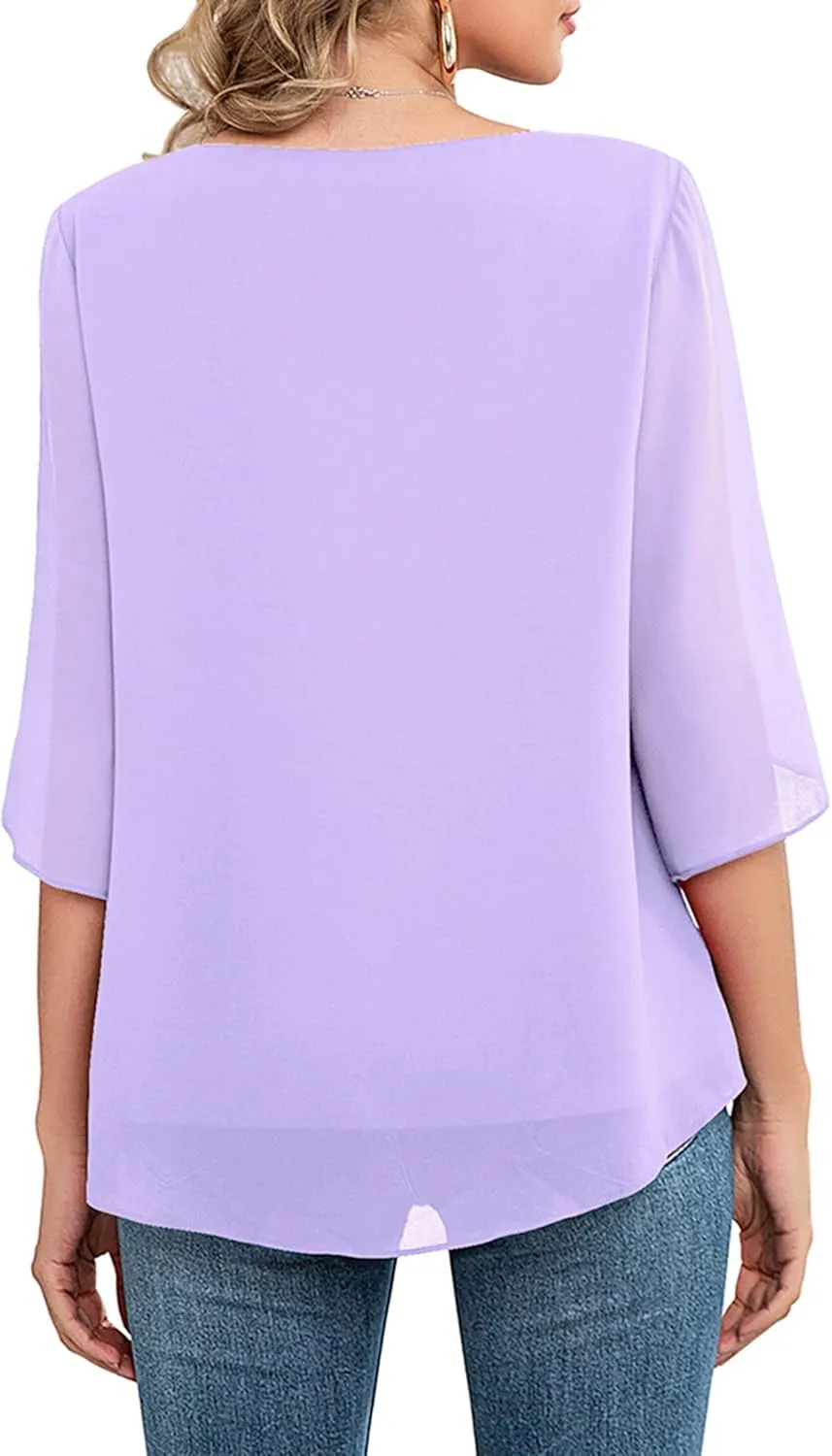 Neineiwu Womens Casual Scoop Neck Loose Top 3/4 Sleeve Chiffon Blouse Shirt Tops