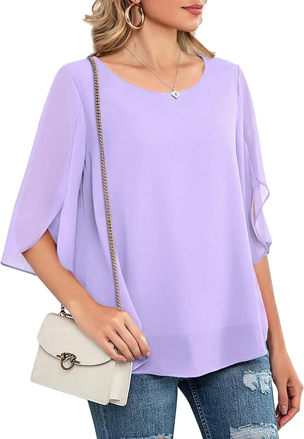Neineiwu Womens Casual Scoop Neck Loose Top 3/4 Sleeve Chiffon Blouse Shirt Tops