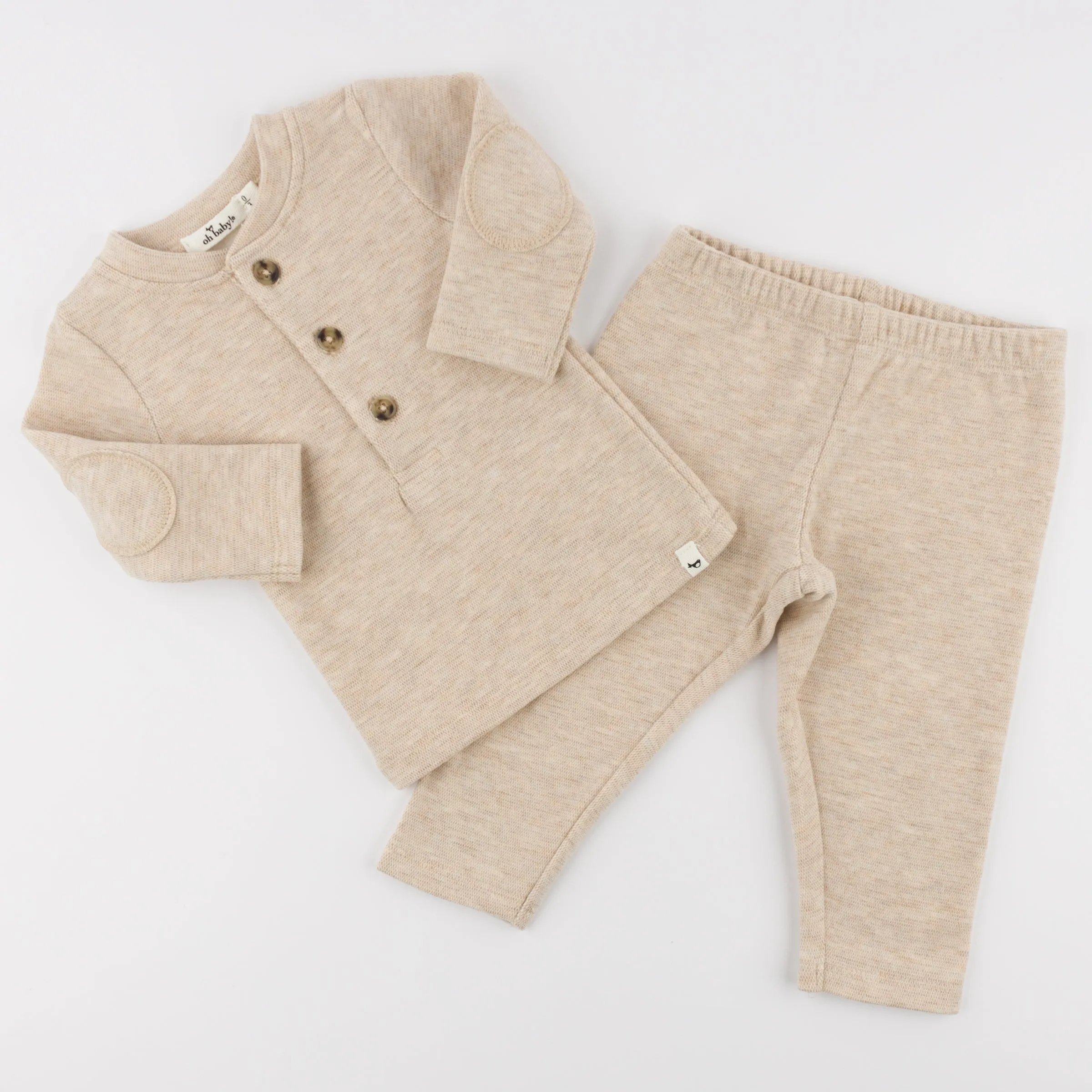 oh baby! Mini Honeycomb Elbow Patch Henley Set - Sand