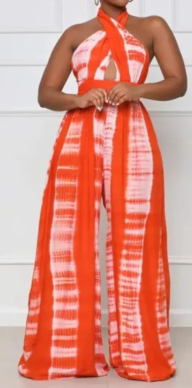 Open Back Orange Tie-Dye Jumpsuit