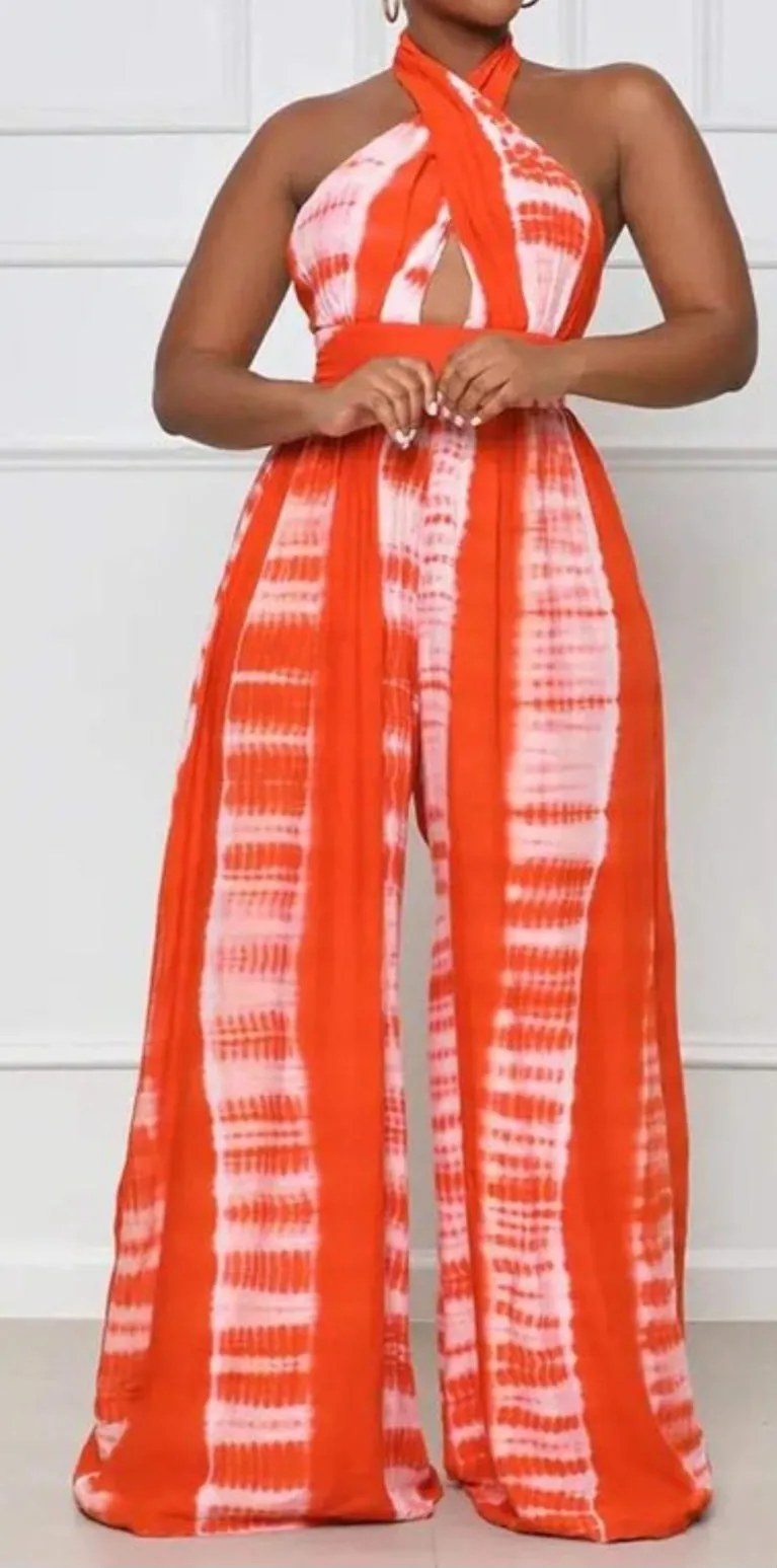Open Back Orange Tie-Dye Jumpsuit