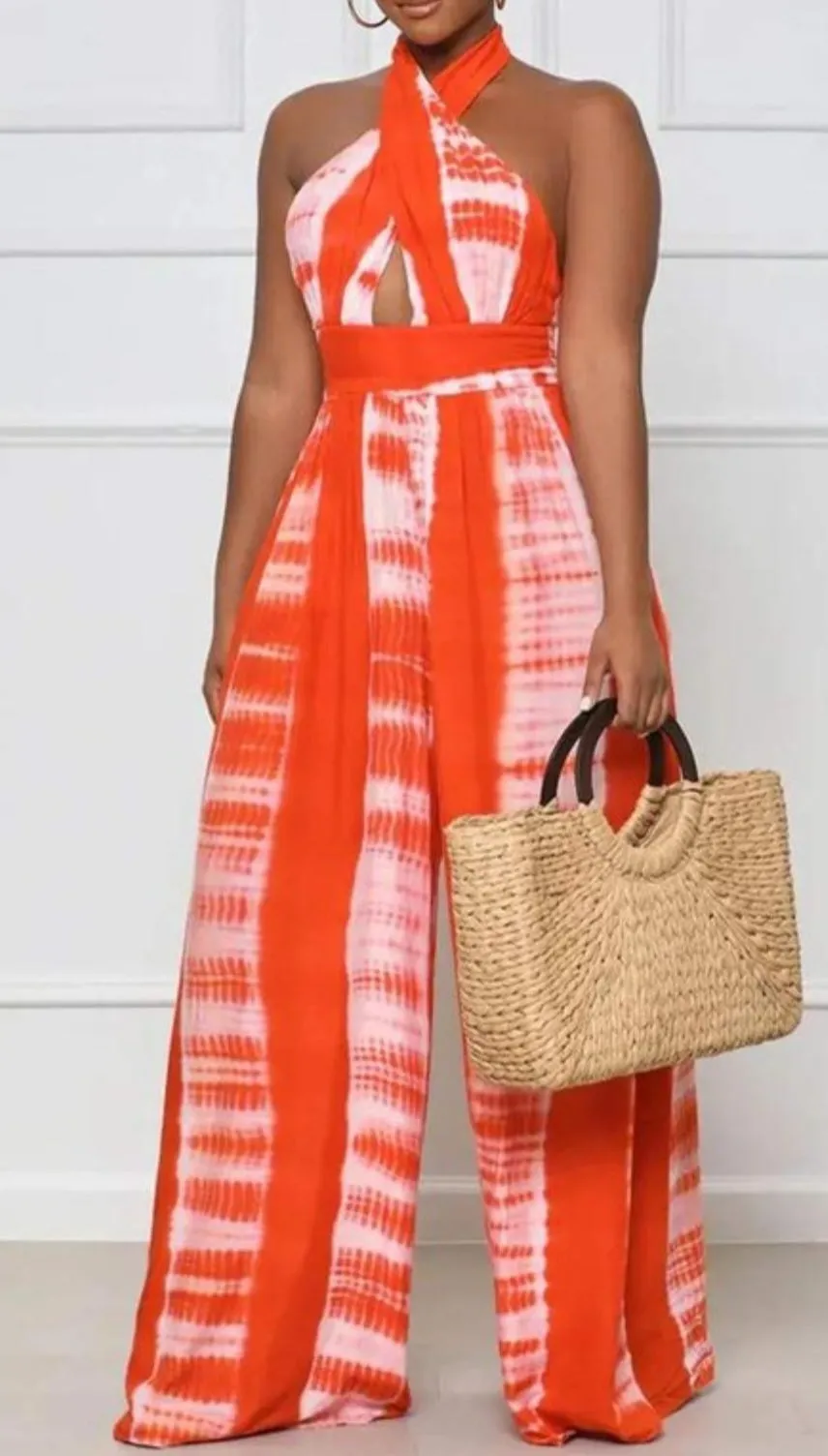 Open Back Orange Tie-Dye Jumpsuit