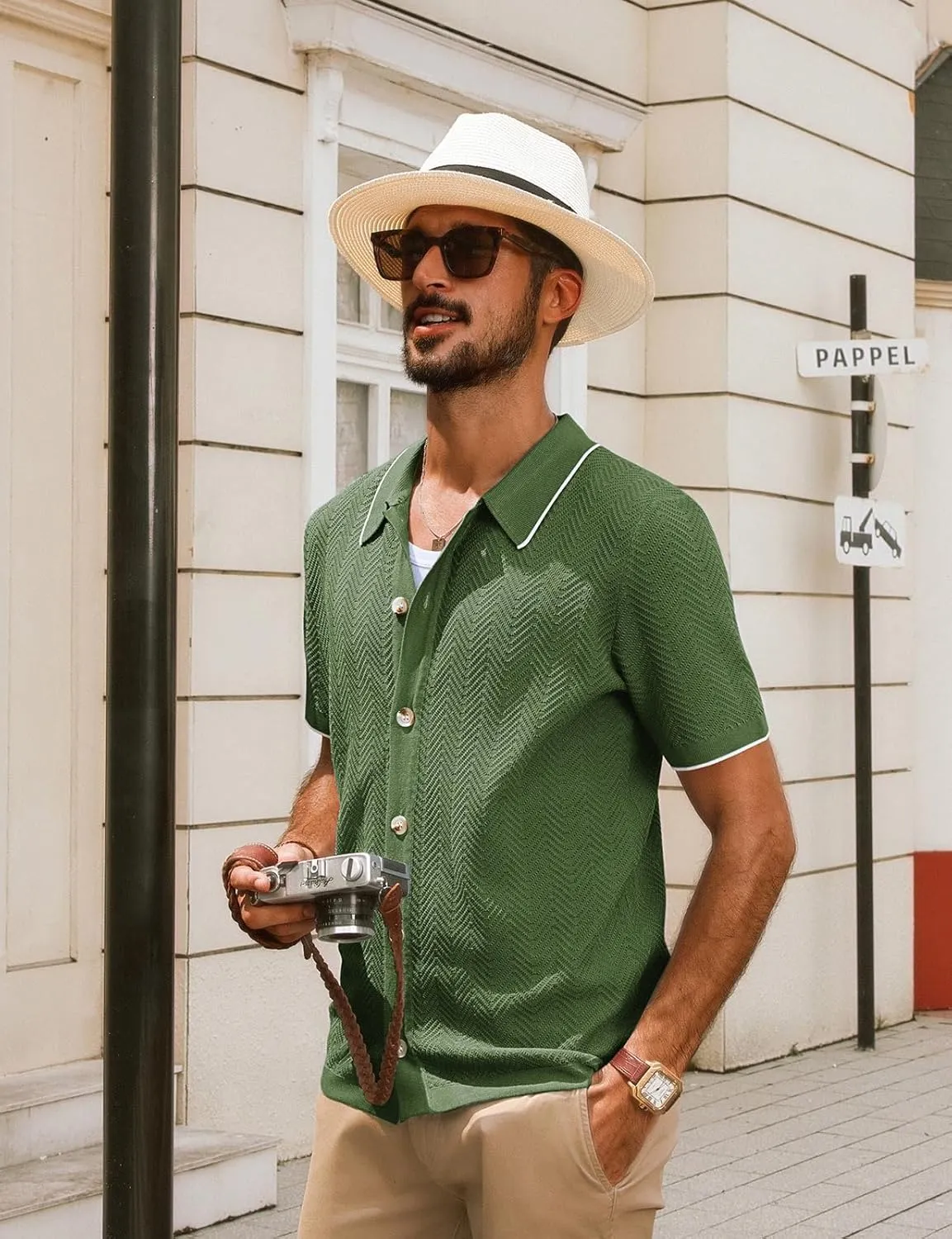 PJ PAUL JONES Men's Knit Polo Shirt Short Sleeve Button Down Shirt Vintage Summer Beach Shirts