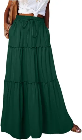 Pleated Maxi Skirts for Women Trendy Tiered Flowy Skirt Drawstring High Waisted Long Skirt A Line Ruffle Skirt