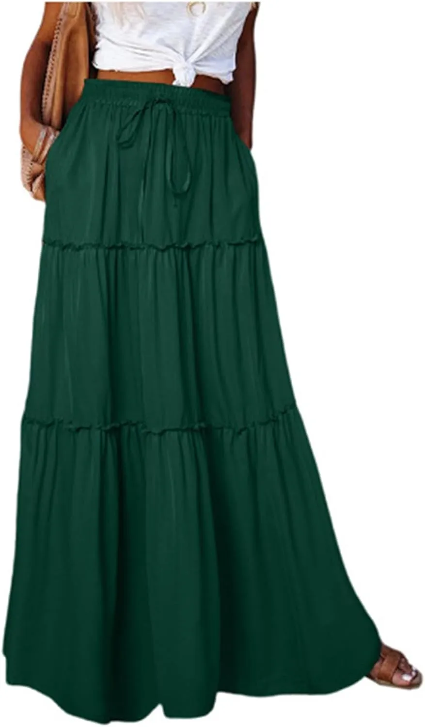 Pleated Maxi Skirts for Women Trendy Tiered Flowy Skirt Drawstring High Waisted Long Skirt A Line Ruffle Skirt