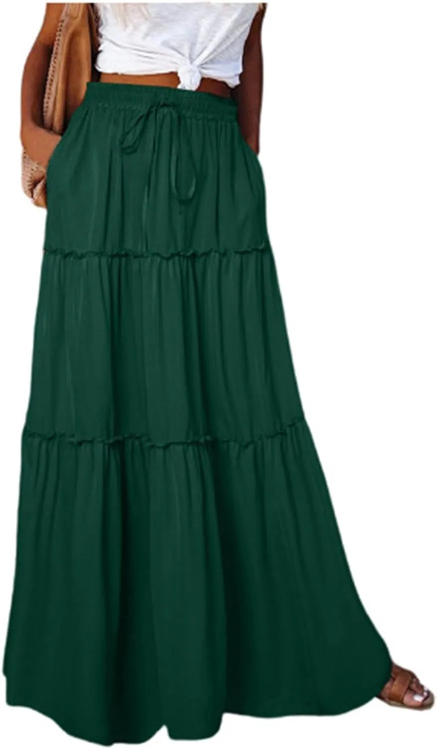 Pleated Maxi Skirts for Women Trendy Tiered Flowy Skirt Drawstring High Waisted Long Skirt A Line Ruffle Skirt