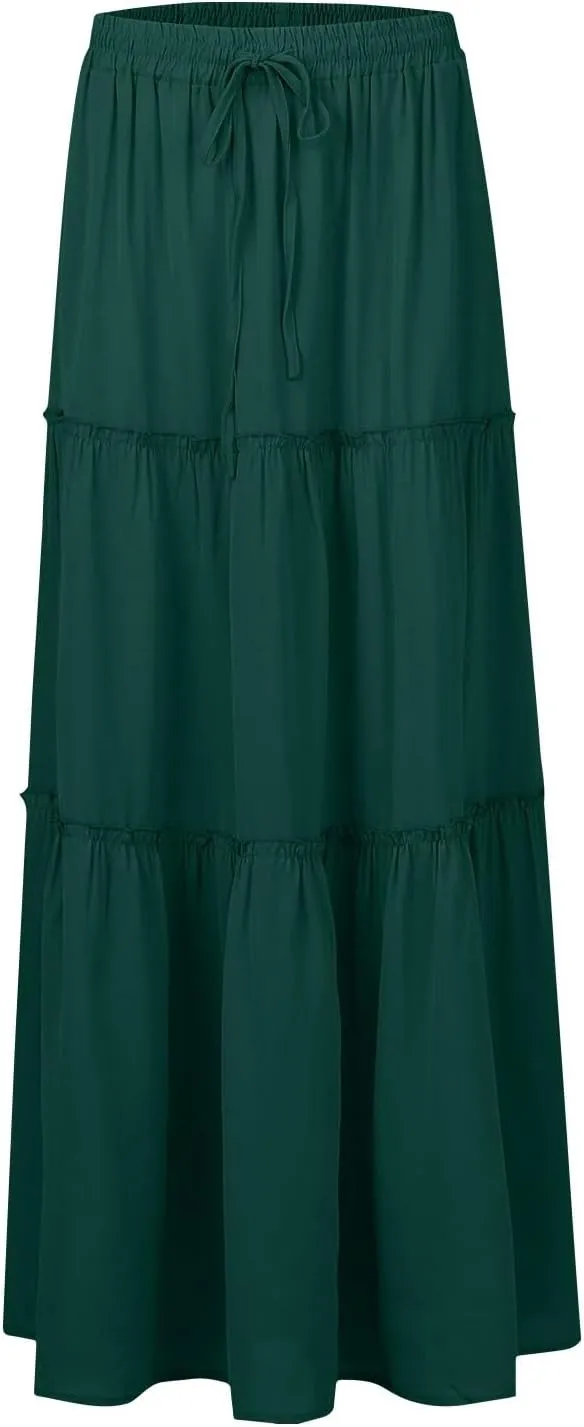 Pleated Maxi Skirts for Women Trendy Tiered Flowy Skirt Drawstring High Waisted Long Skirt A Line Ruffle Skirt
