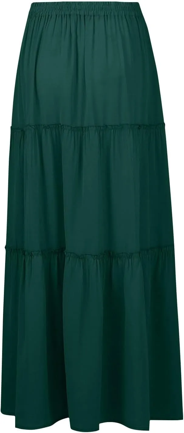 Pleated Maxi Skirts for Women Trendy Tiered Flowy Skirt Drawstring High Waisted Long Skirt A Line Ruffle Skirt