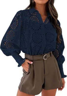 PRETTYGARDEN Women's Spring Button Down Shirts Dressy Casual Fall Long Puff Sleeve Eyelet Loose Fit Collared Blouse Top