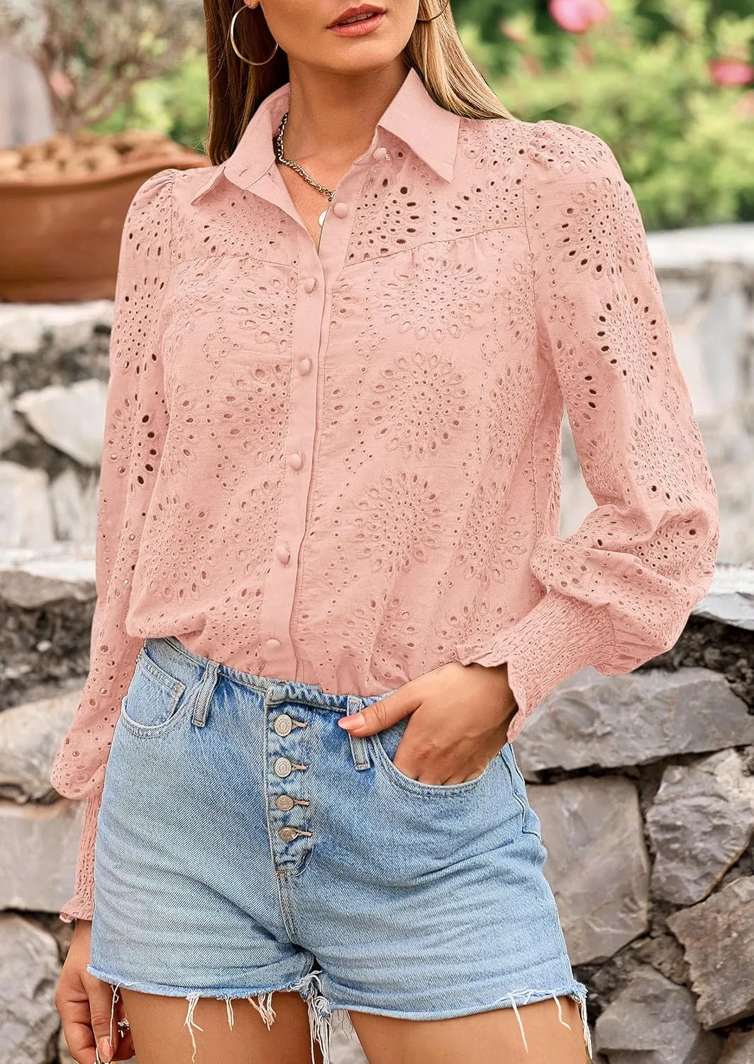 PRETTYGARDEN Women's Spring Button Down Shirts Dressy Casual Fall Long Puff Sleeve Eyelet Loose Fit Collared Blouse Top