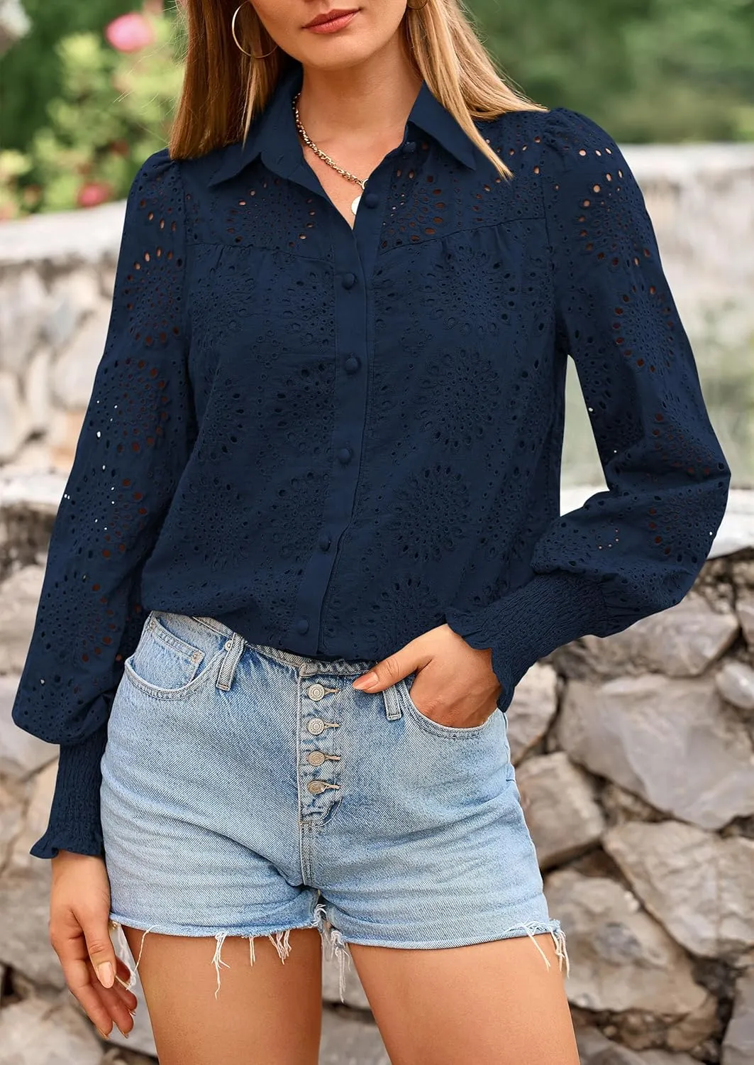 PRETTYGARDEN Women's Spring Button Down Shirts Dressy Casual Fall Long Puff Sleeve Eyelet Loose Fit Collared Blouse Top