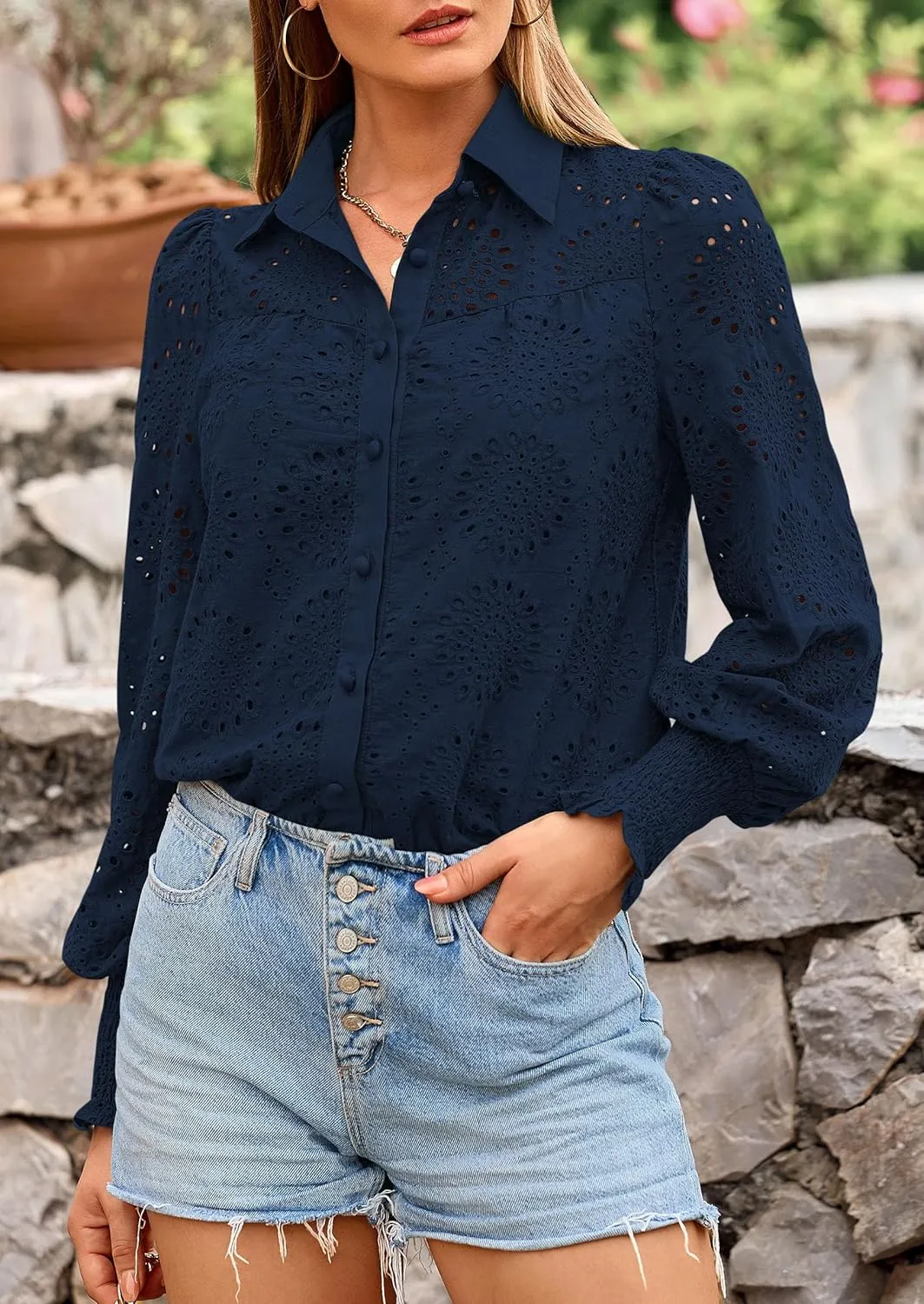 PRETTYGARDEN Women's Spring Button Down Shirts Dressy Casual Fall Long Puff Sleeve Eyelet Loose Fit Collared Blouse Top